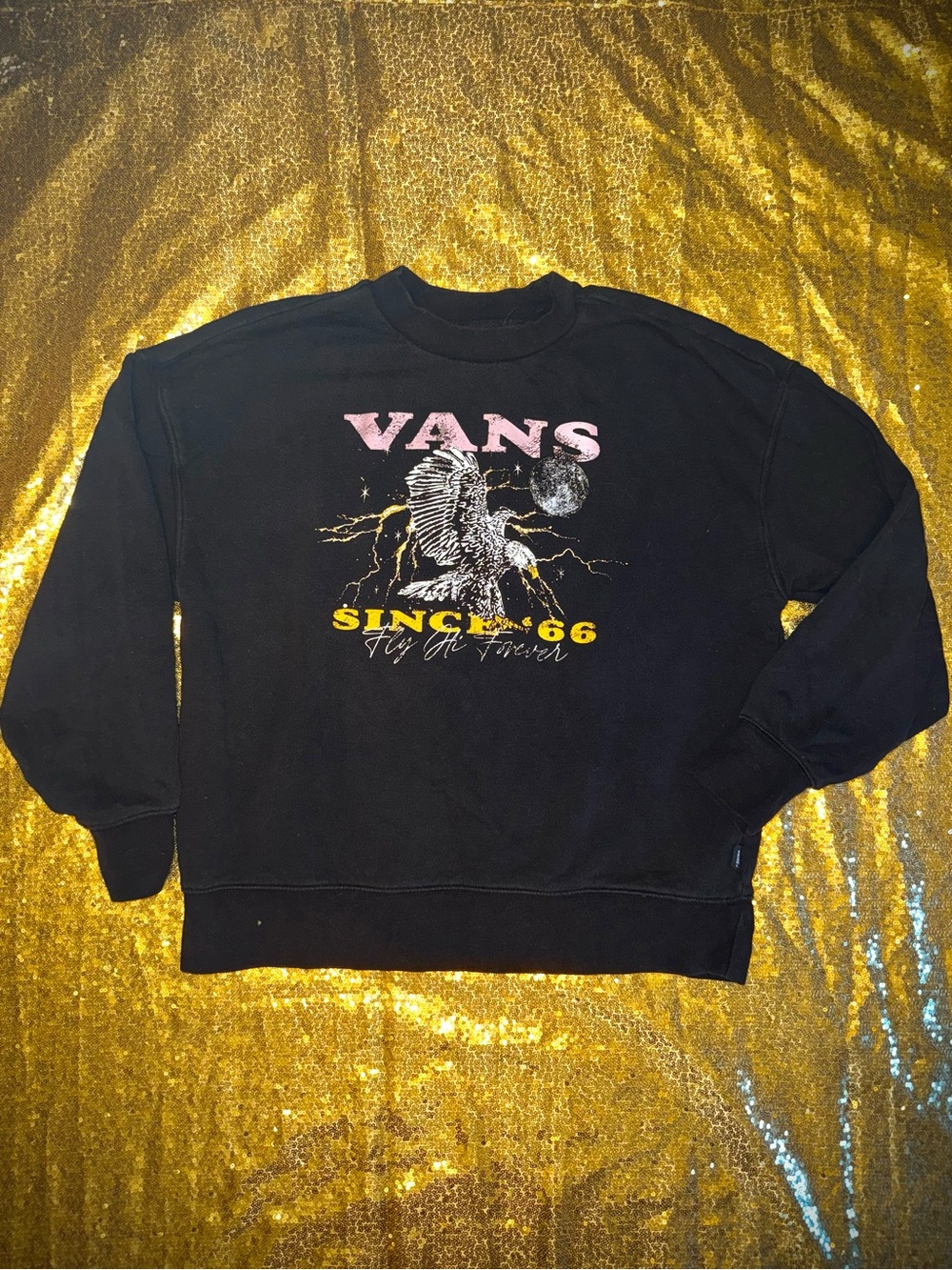 Vans Black Crewneck Sweatshirt with Pink Logo and Yellow Accents